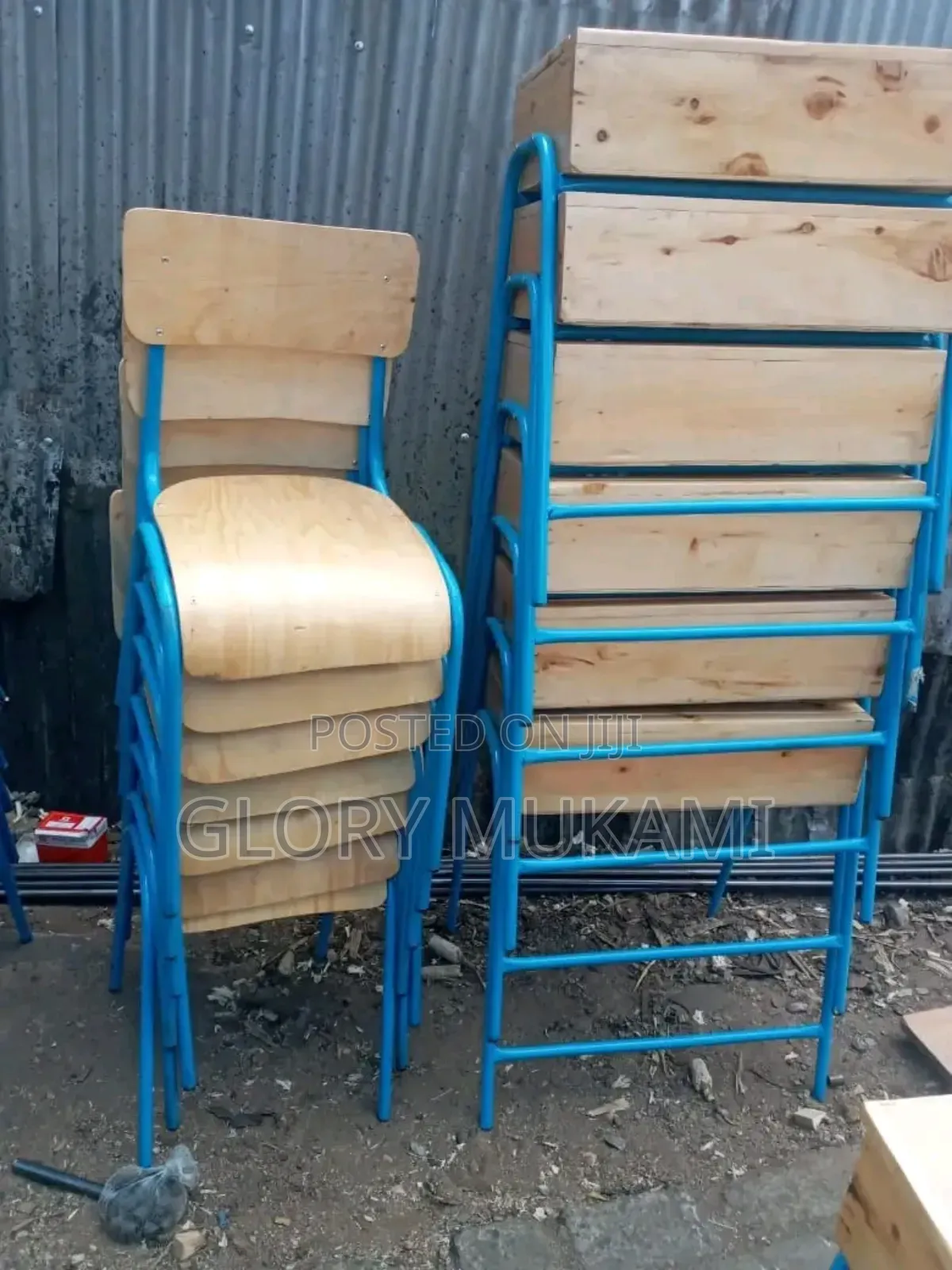 Blue Painted School Lockers and Chairs
