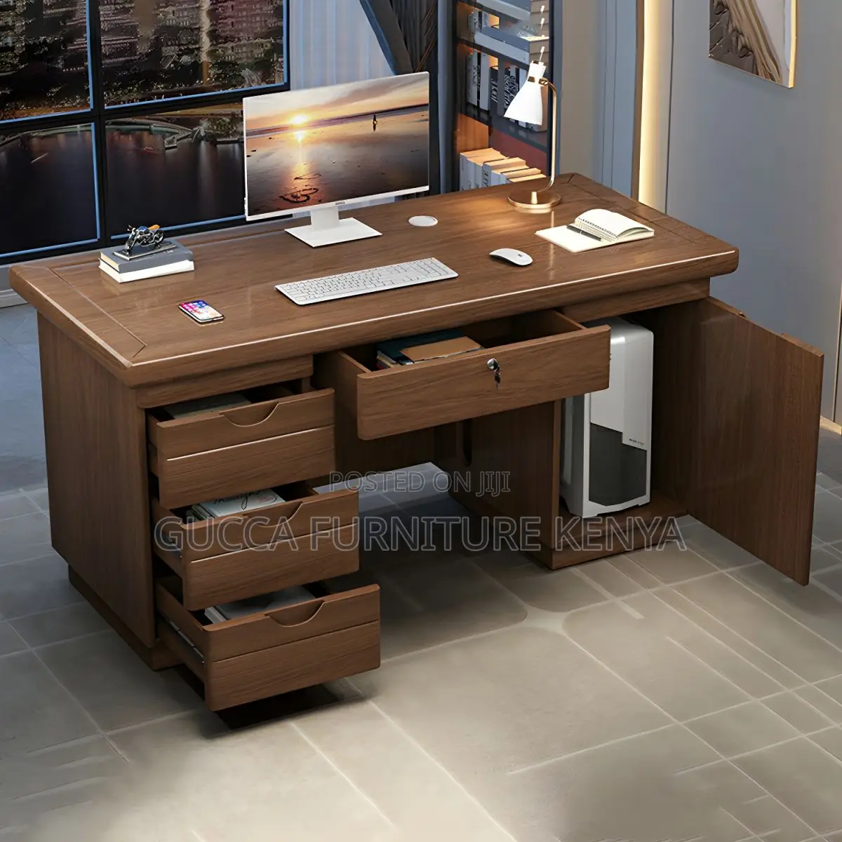 Office Tables:Brown Wood Executive Desk With Locking Drawers
