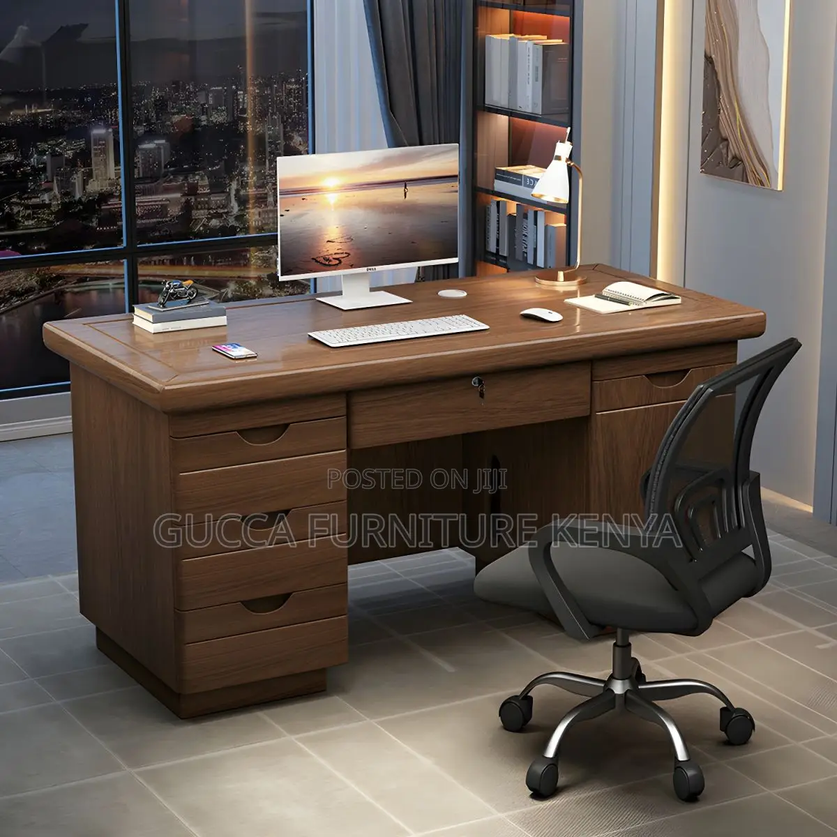 Office Tables:Brown Wood Executive Desk With Locking Drawers
