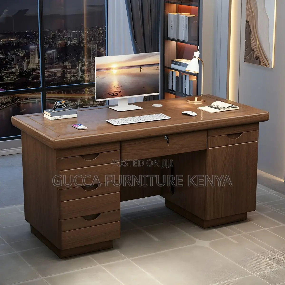 Office Tables:Brown Wood Executive Desk With Locking Drawers