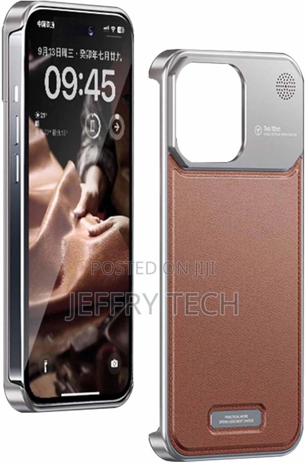 Frameless Case for 16 Pro Max,Leather Back Aluminum Metal Ar - main view