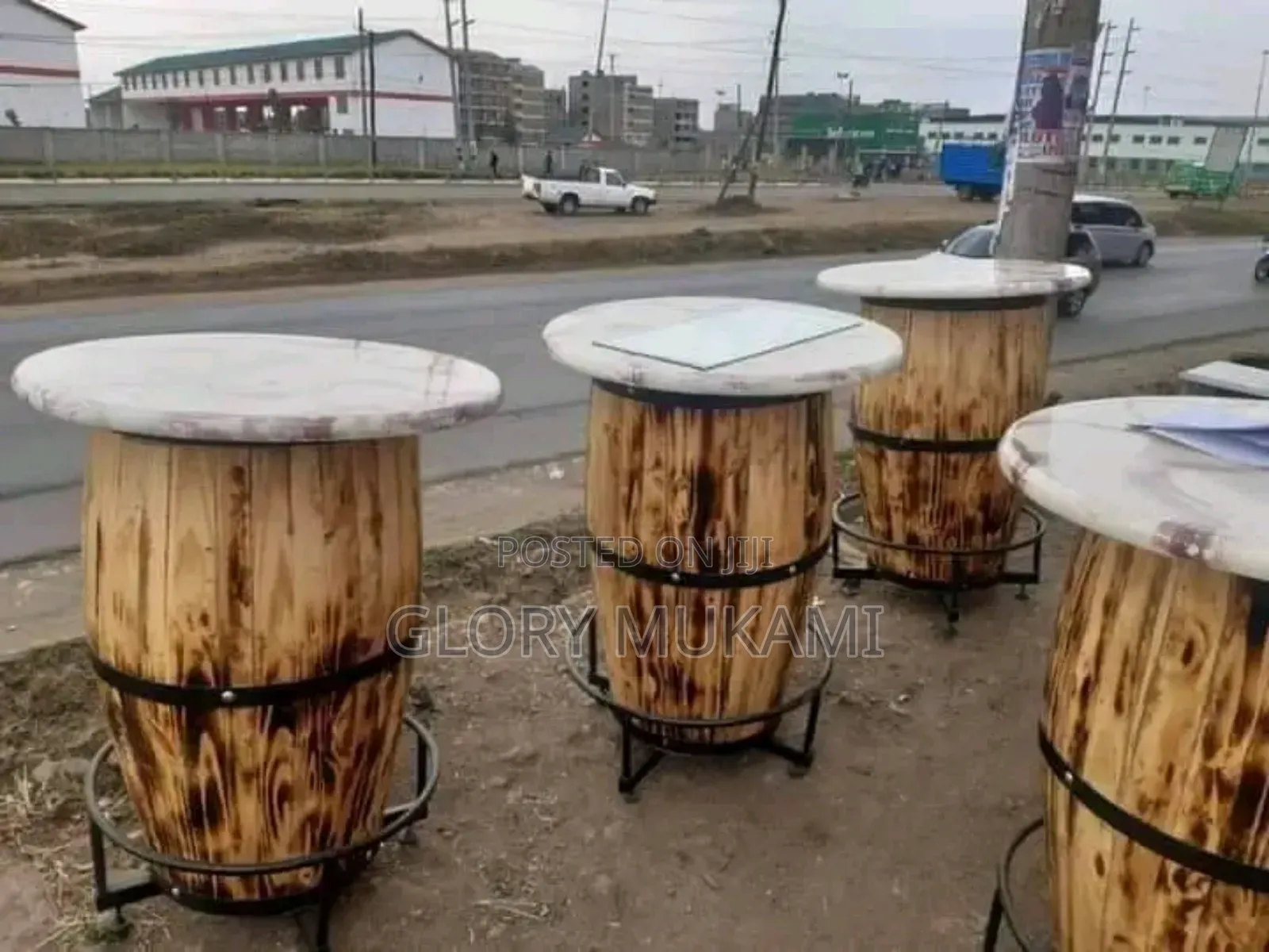 Wooden Wine Barrel Table With Marble Top