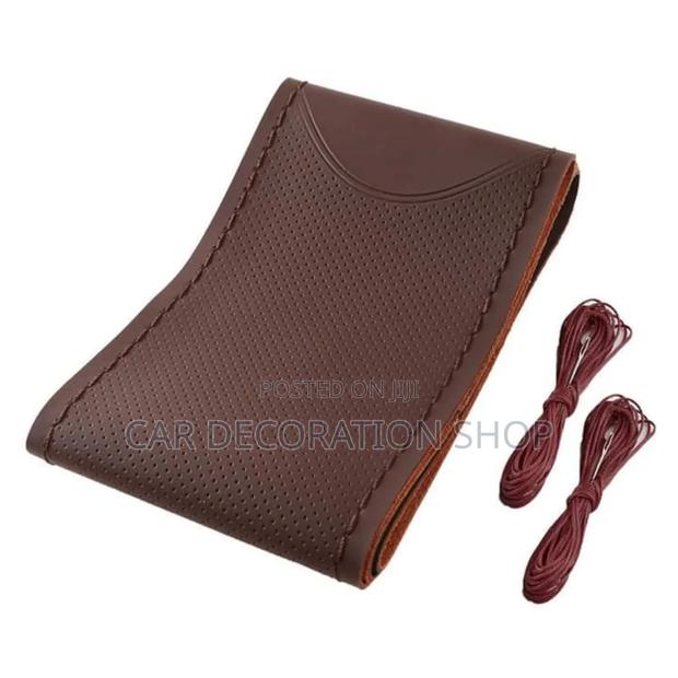 Perforated Brown Stitching Steering Cover With Needle/Thread - thumbnail 2