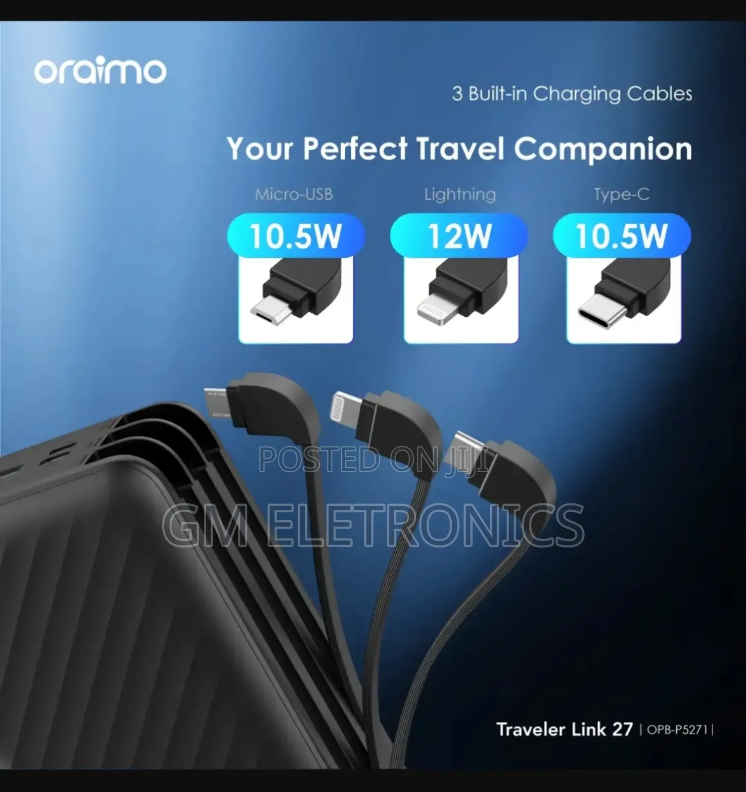 27000mah 12W Powerbank Built-in Lightning Type-C Micro USB