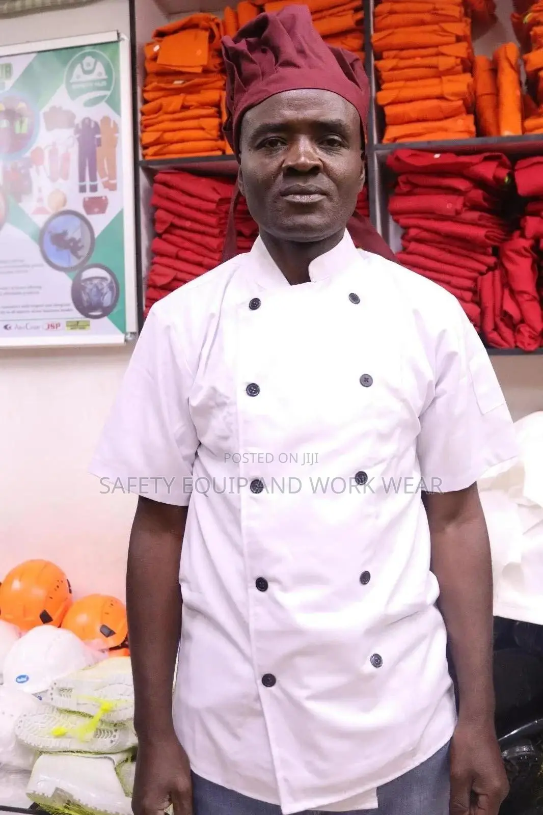 White Chef Jacket With A Maroon Cap