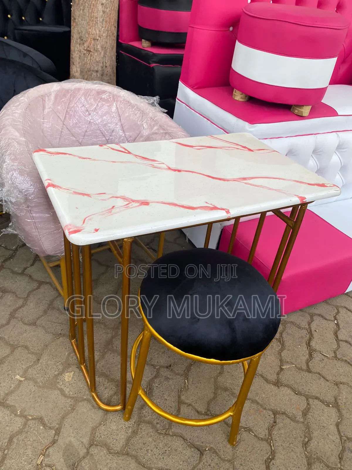 Pink Manicure Chair and Table With Stool
