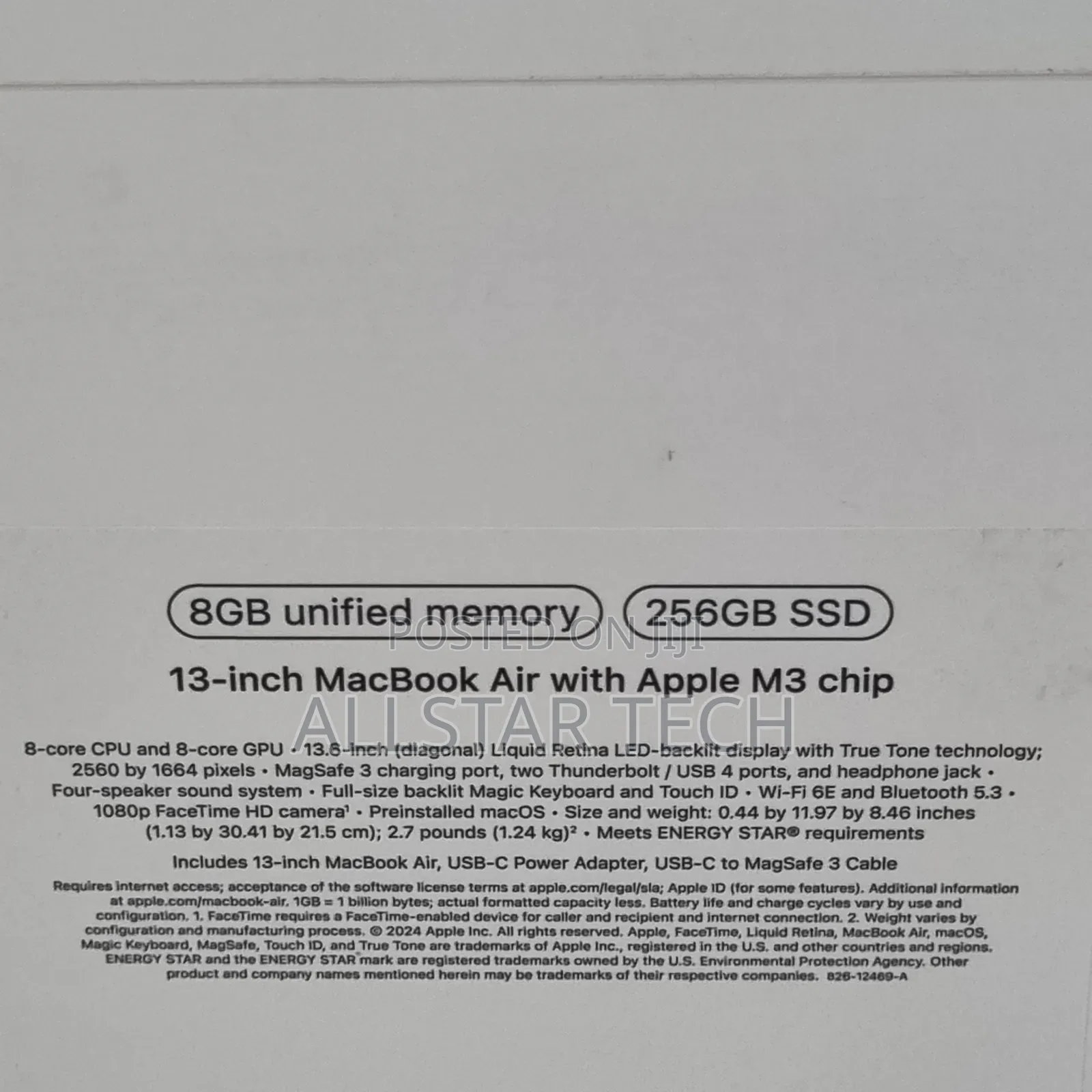 New Laptop Apple MacBook Air 2024 M3 13-inch 8GB Apple M3 SSD 256GB