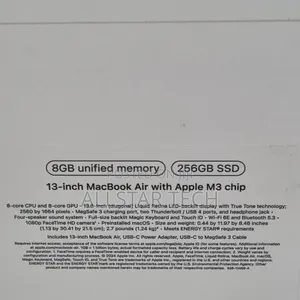 New Laptop Apple MacBook Air 2024 M3 13-inch 8GB Apple M3 SSD 256GB