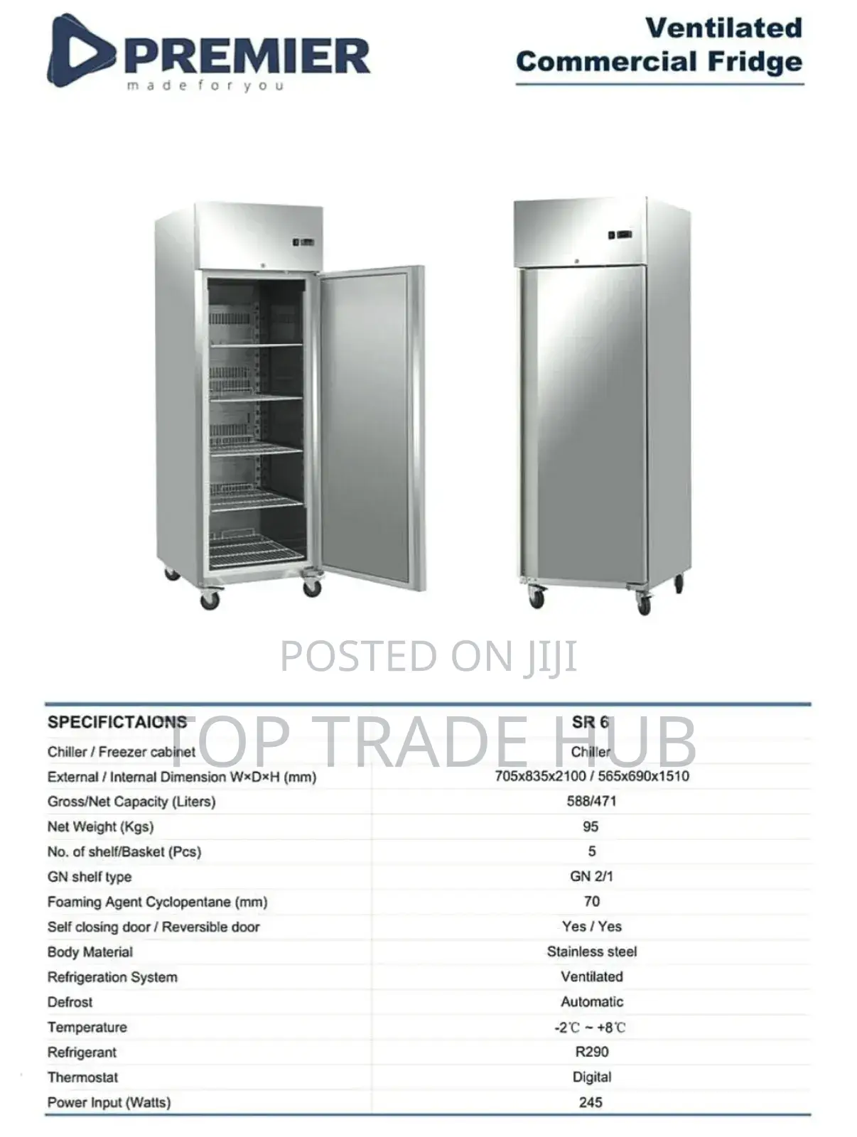Premier Ventilated Commercial Chiller/Fridge 471L