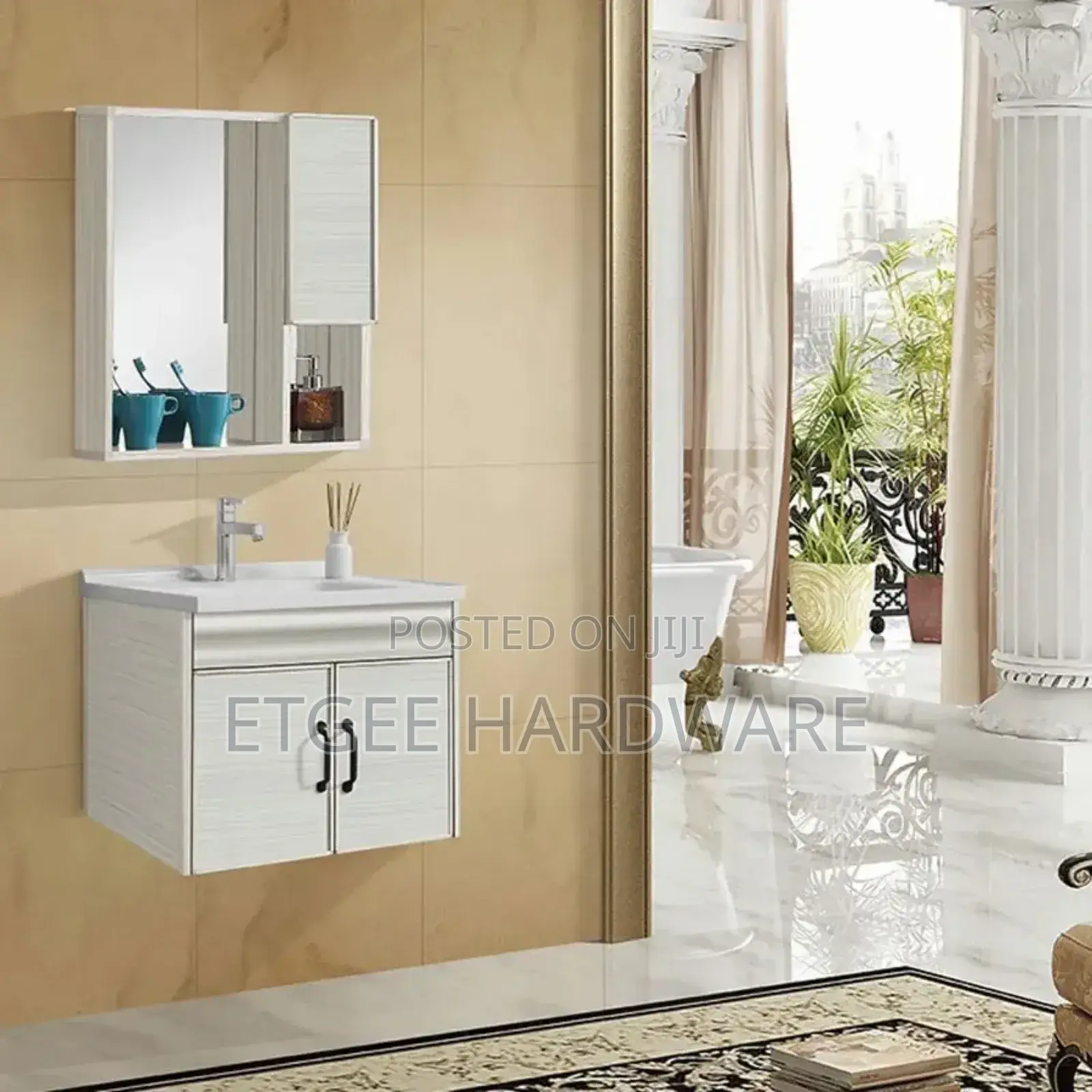 Beige Wall Hung Cabinet With White Basin and Mirror Cabinet