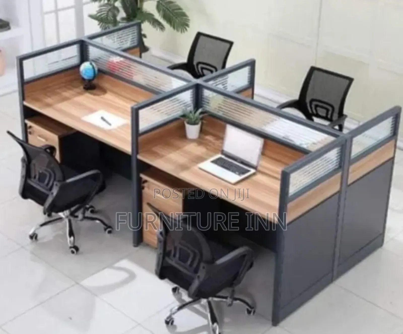 Office Table: Modern 4 Way Brown Workstation.