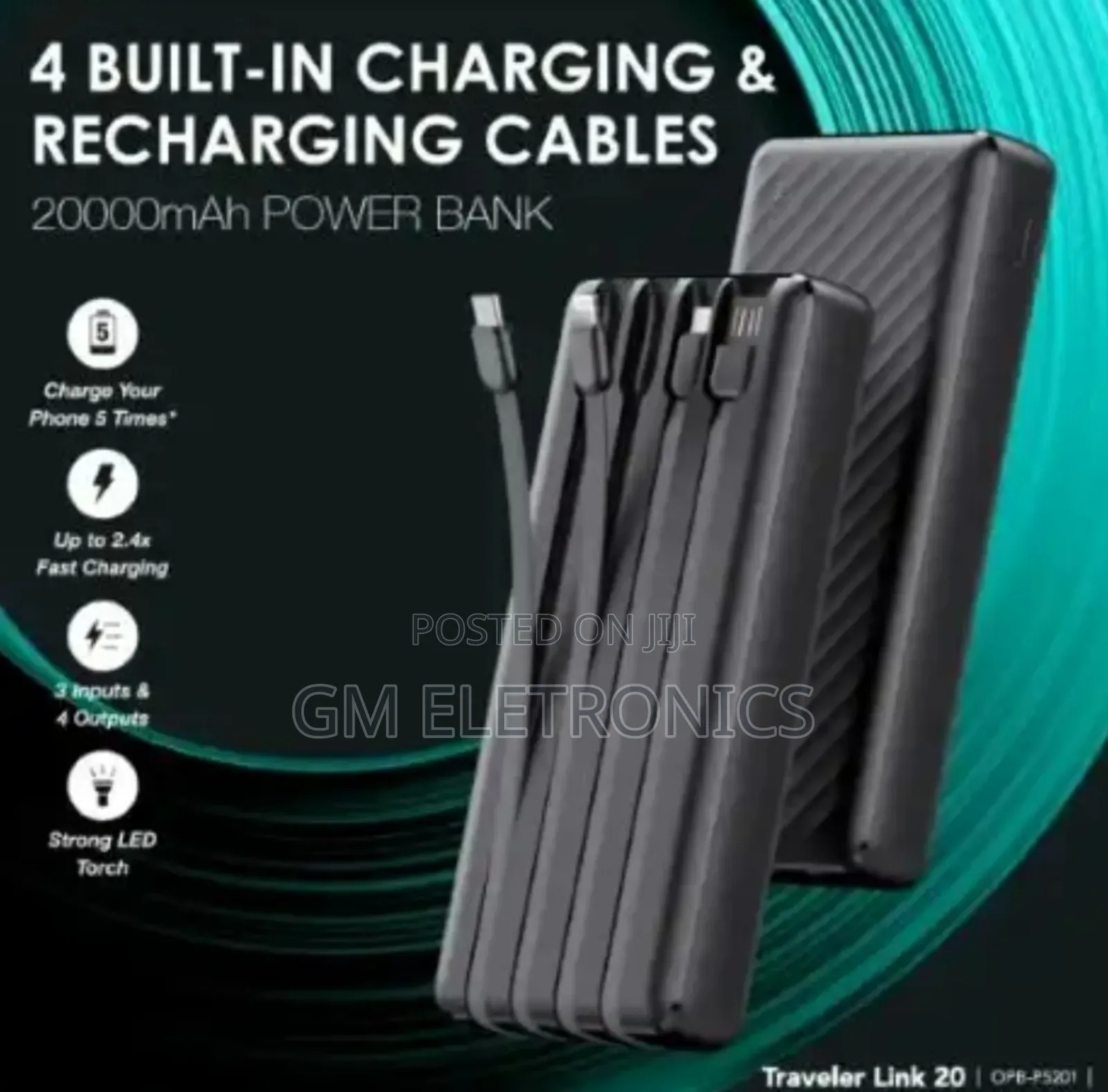 Oraimo Opb-P5201 20000mah Powerbank-Attached Charging Cables