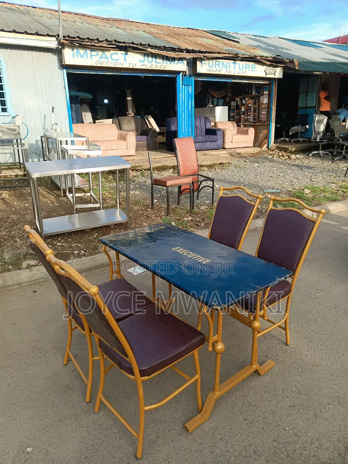 Restaurant Set, Powder Coated Gold Frame With Brown Seats.