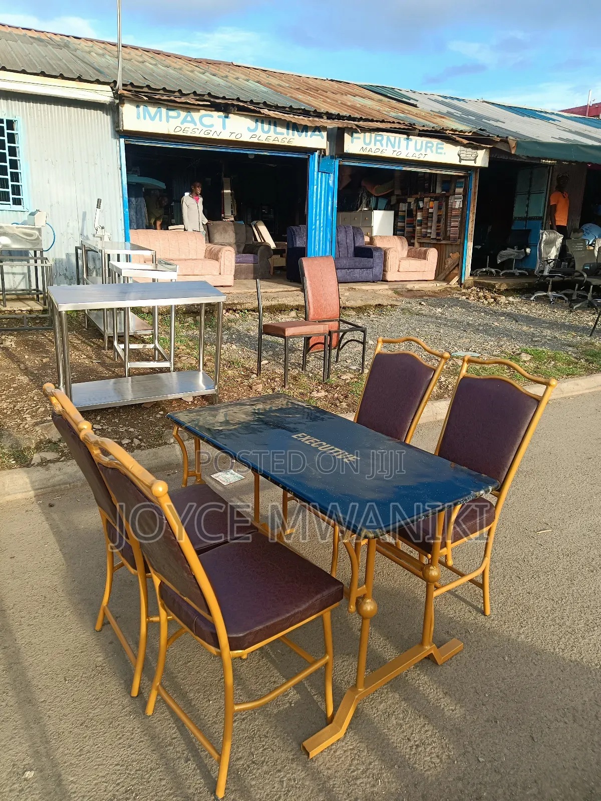 Restaurant Set, Powder Coated Gold Frame With Brown Seats.