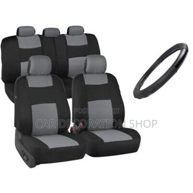 Black Grey Polyester Fabric Cloth Rear and Front Seat Covers - main view