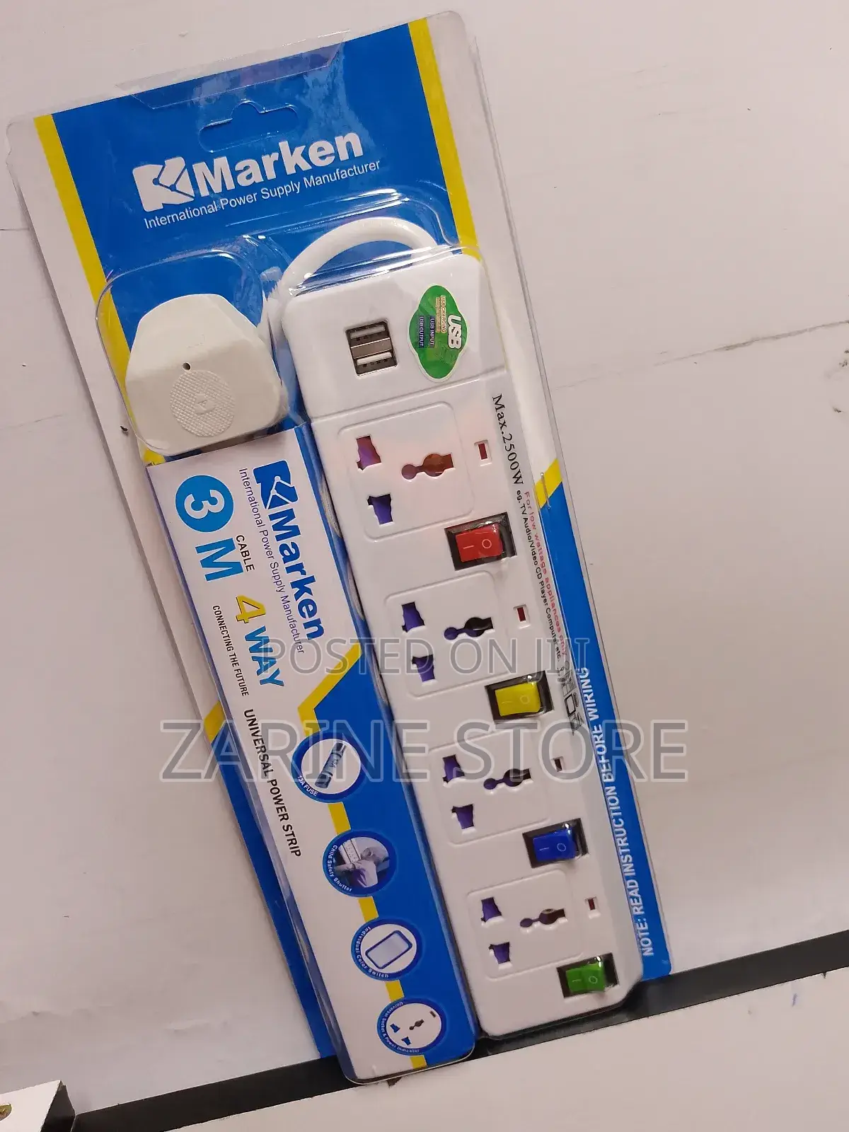 2500 W 13A Fused Power Extension 4 Ways 2 USB Port Corded 3M