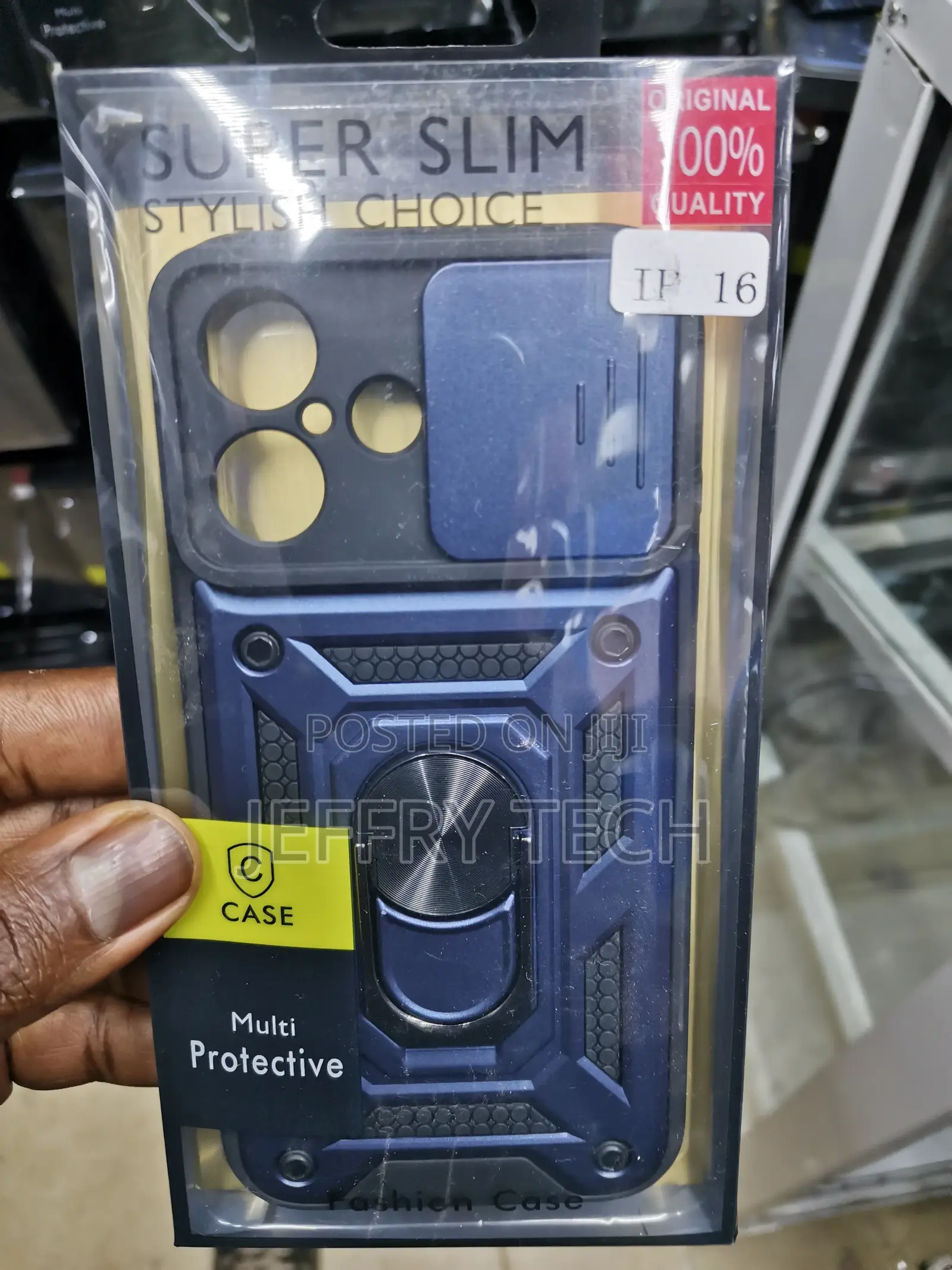 For iPhone 16 Hard Camshield Case With Ring Kickstand-Blue