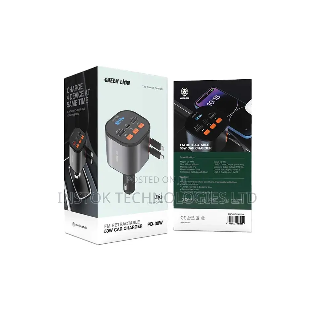 Green Lion FM Retractable 50W Car Charger