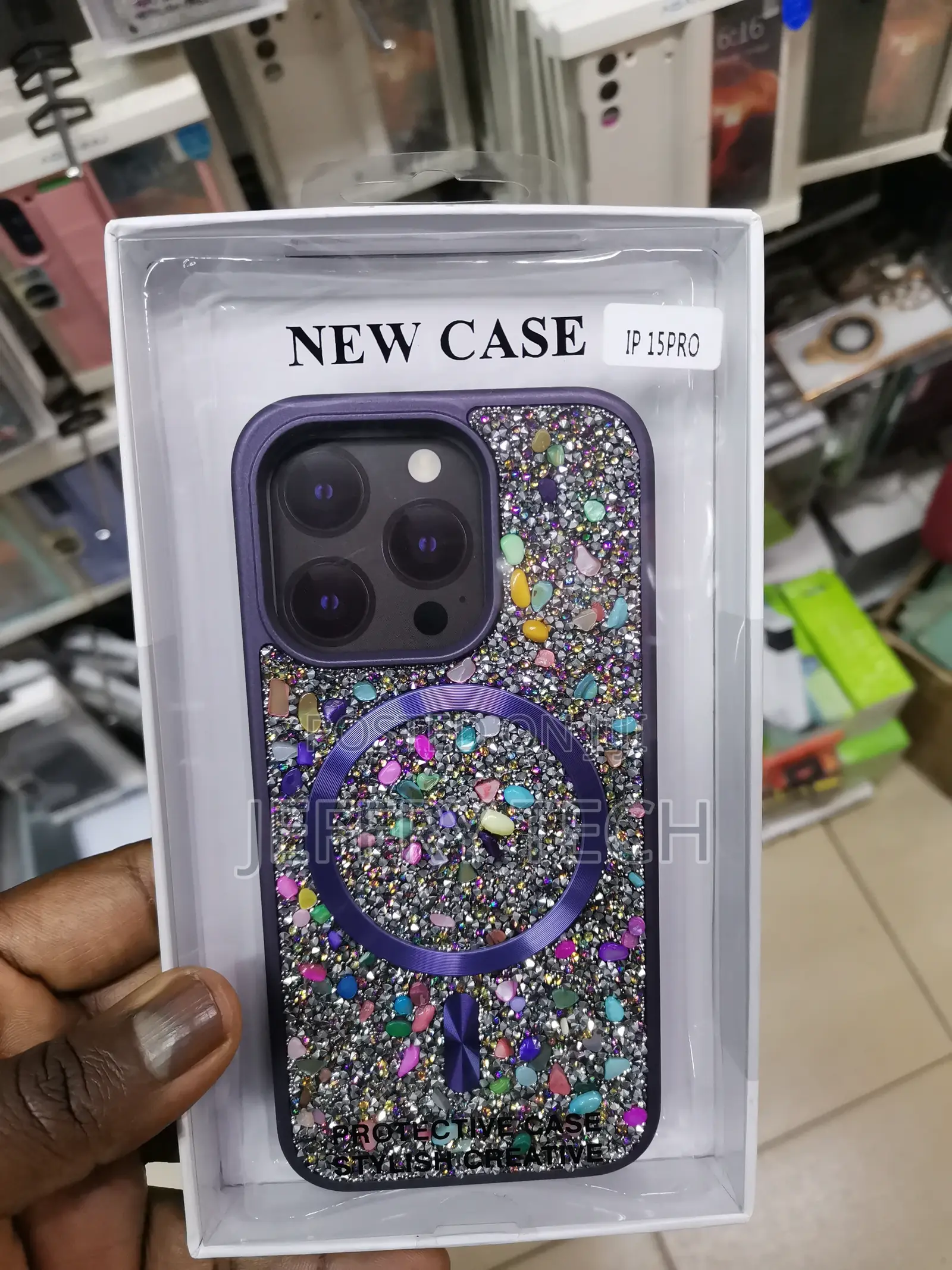 iPhone 15 Pro Glitter Magsafe Rhinestone Back Case-Purple
