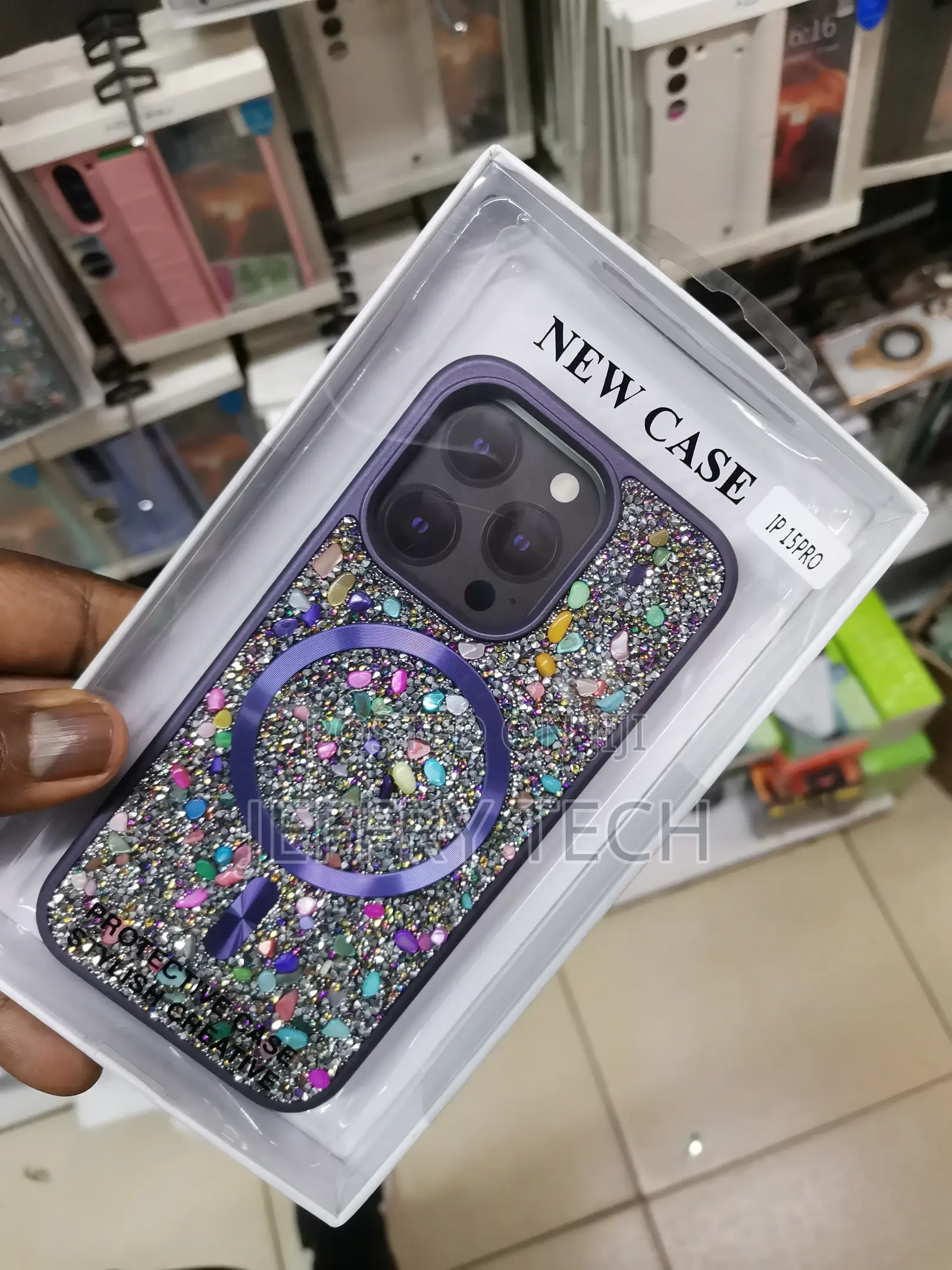 iPhone 15 Pro Glitter Magsafe Rhinestone Back Case-Purple