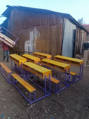 3 Seater School Desk, With Purple Painted Frame Cyprus Wood