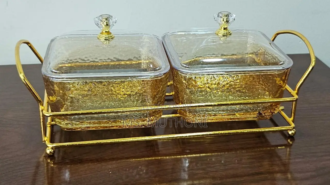 2in1 Heavy Glass Golden Sugar Dish Set in a Golden Frame