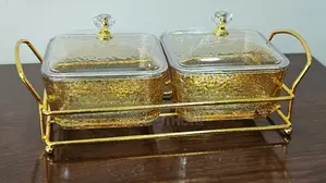 2in1 Heavy Glass Golden Sugar Dish Set in a Golden Frame