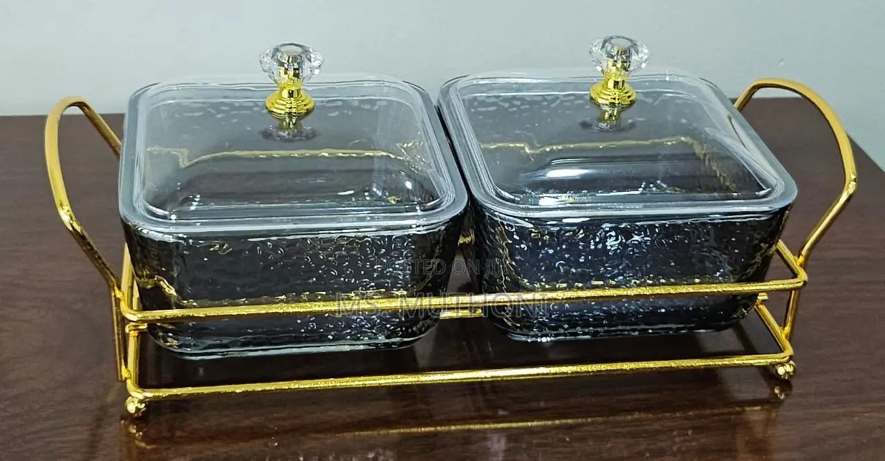 2in1 Heavy Glass Golden Sugar Dish Set in a Golden Frame