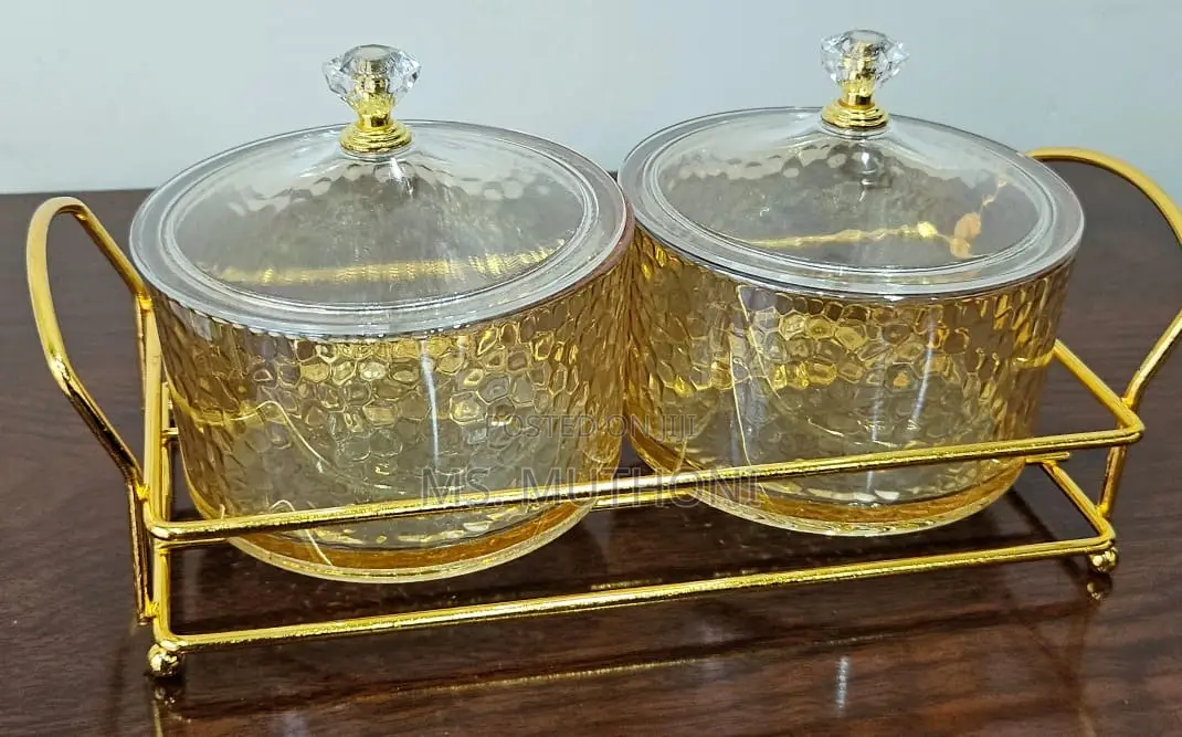 2in1 Heavy Glass Golden Sugar Dish Set in a Golden Frame
