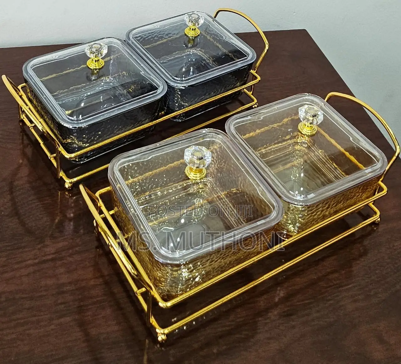 2in1 Heavy Glass Golden Sugar Dish Set in a Golden Frame