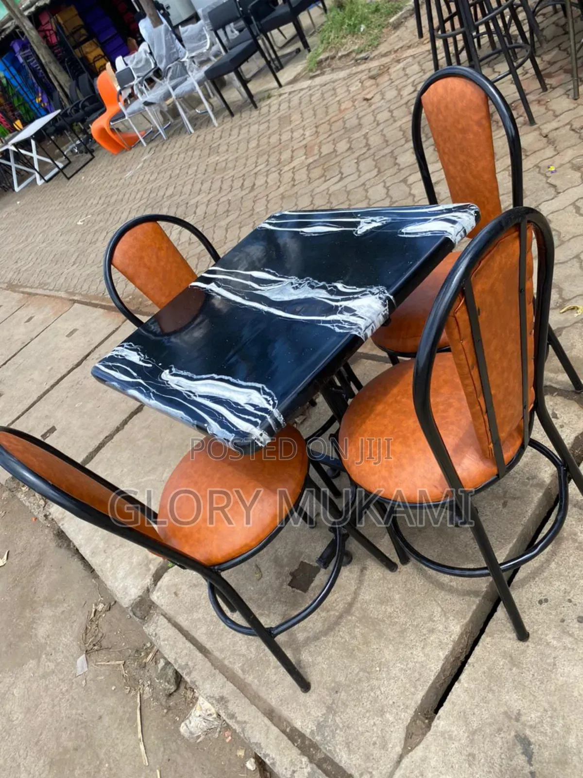 Black White Marble Square Table and Restaurant Chairs