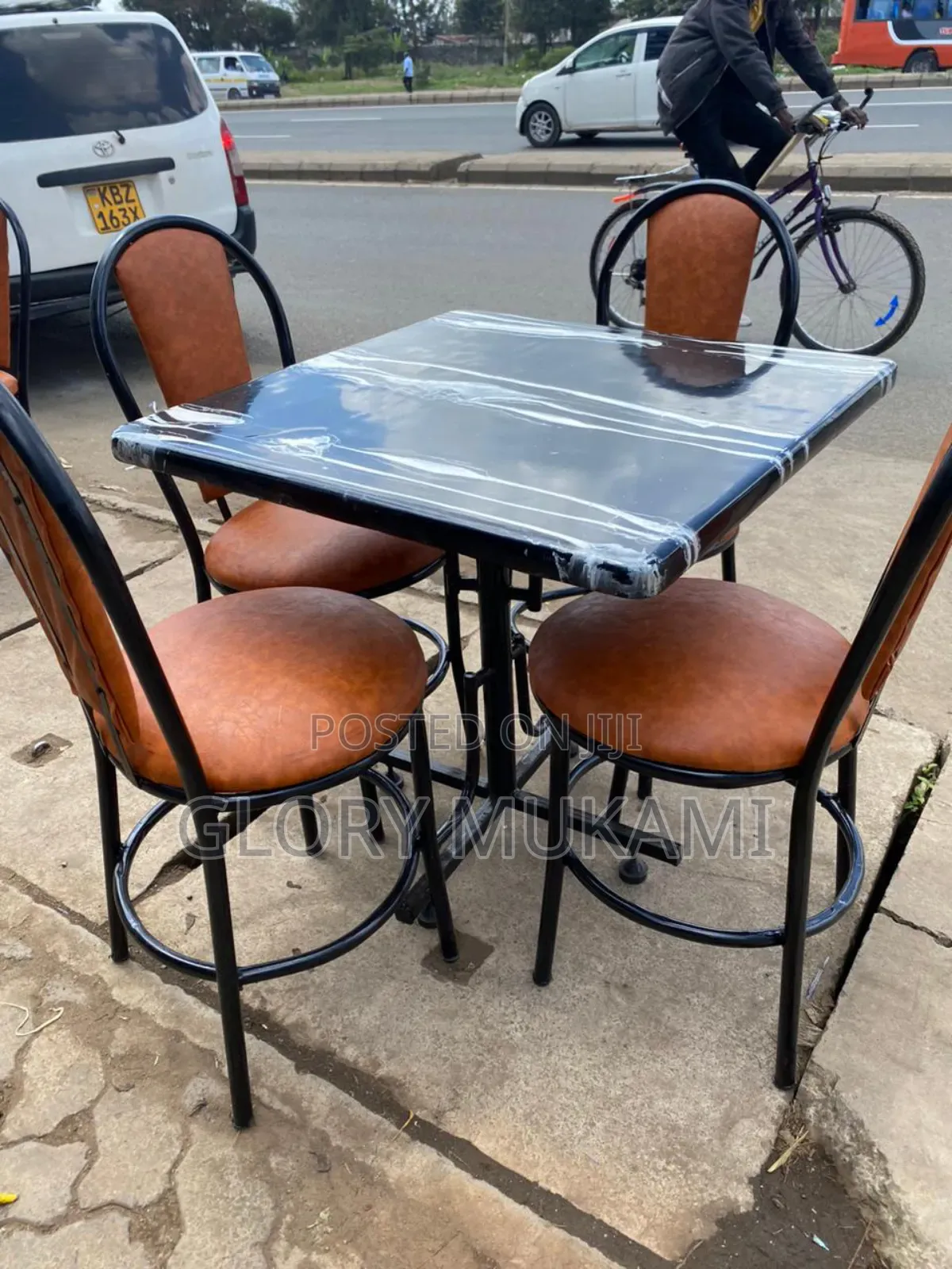 Black White Marble Square Table and Restaurant Chairs
