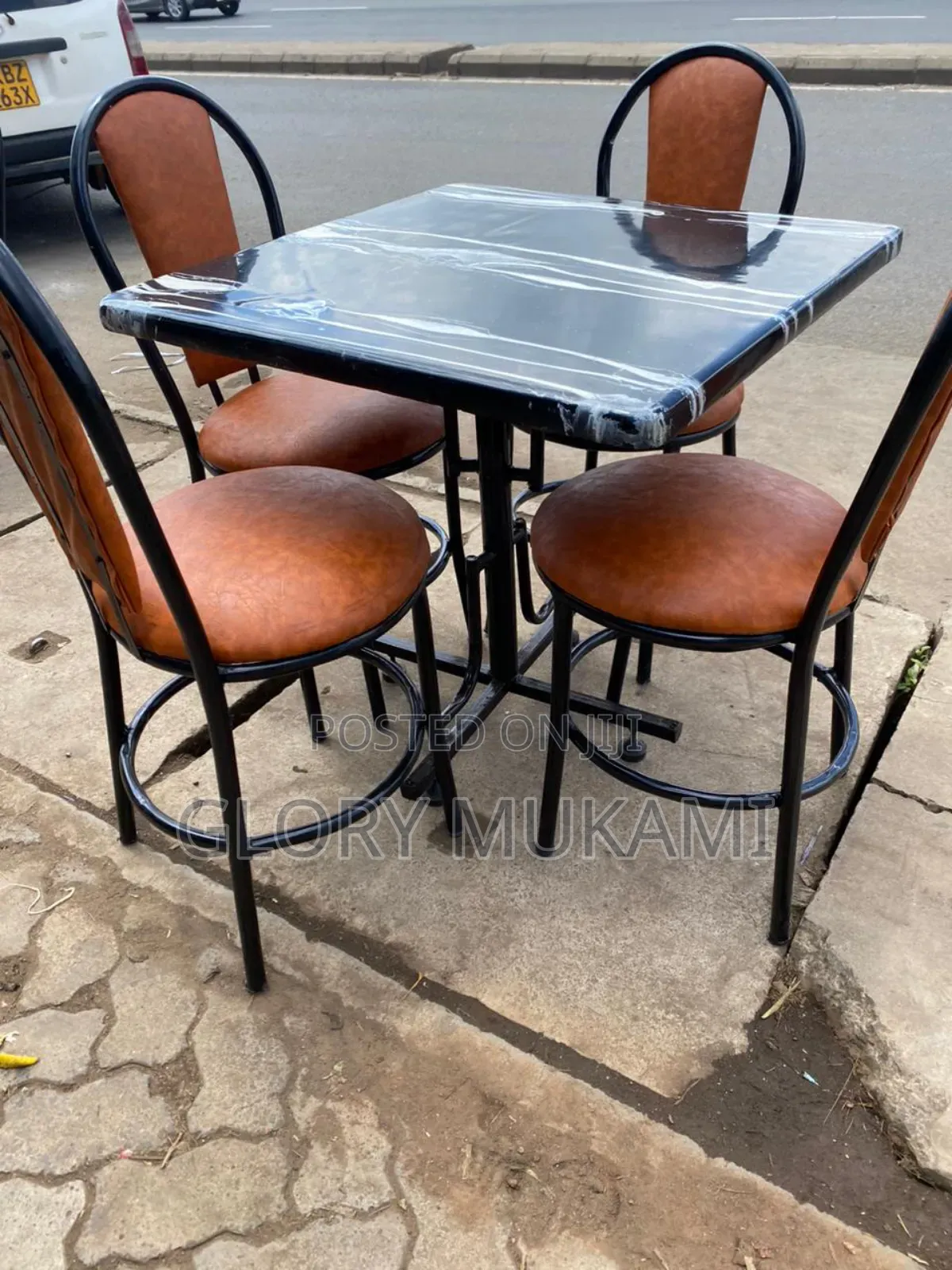 Black White Marble Square Table and Restaurant Chairs