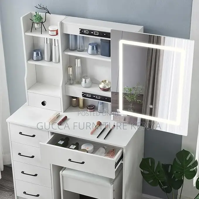 Dressers: Bedroom Vanity Table With Sliding Lighted Mirror