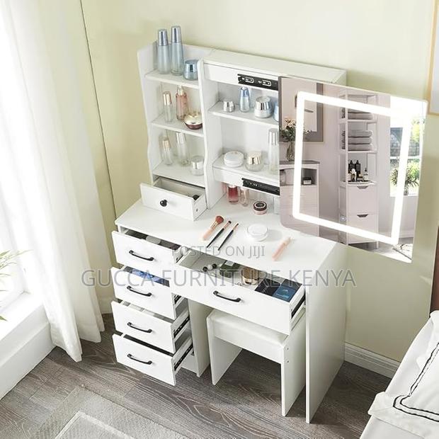 Dressers: Bedroom Vanity Table With Sliding Lighted Mirror - thumbnail 4