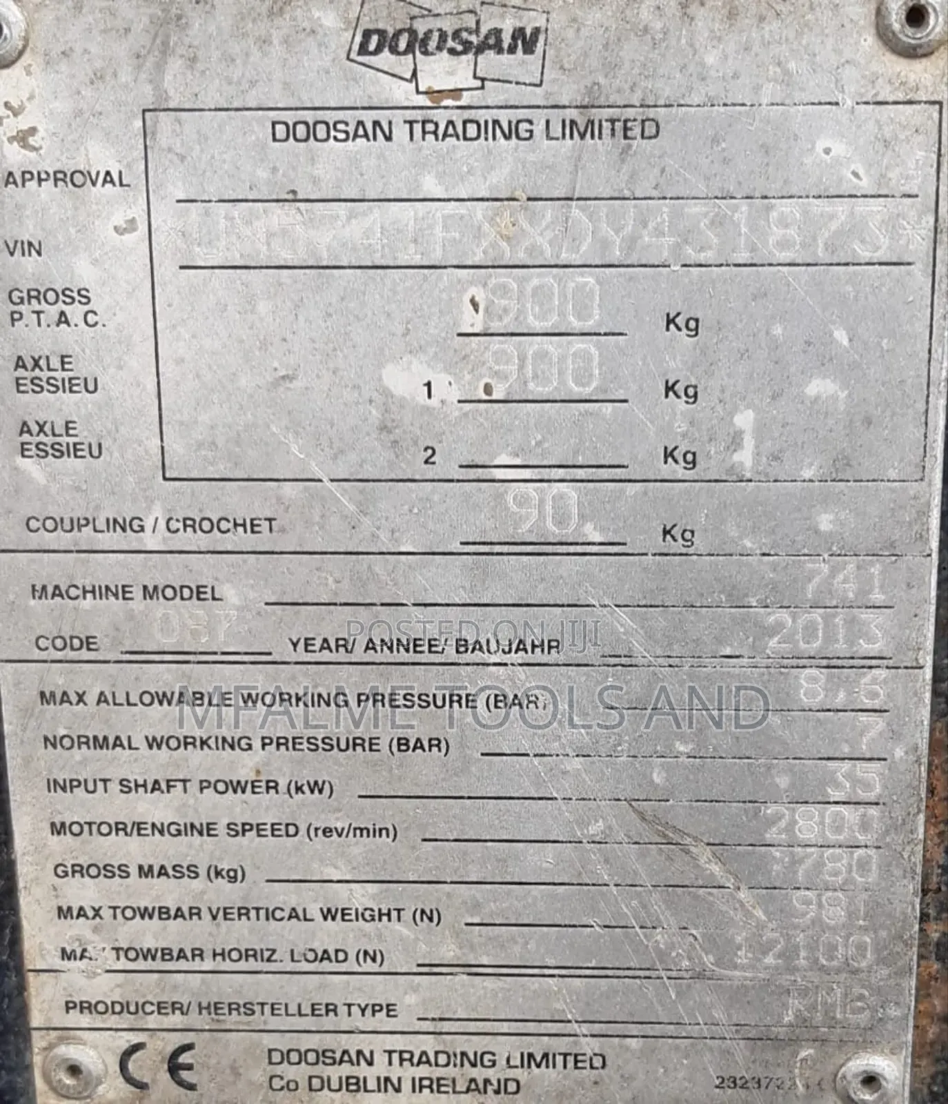 Compressor 2015 Doosan 741 4cyl Diesel 10 Bars 140 CFM Ex-Uk