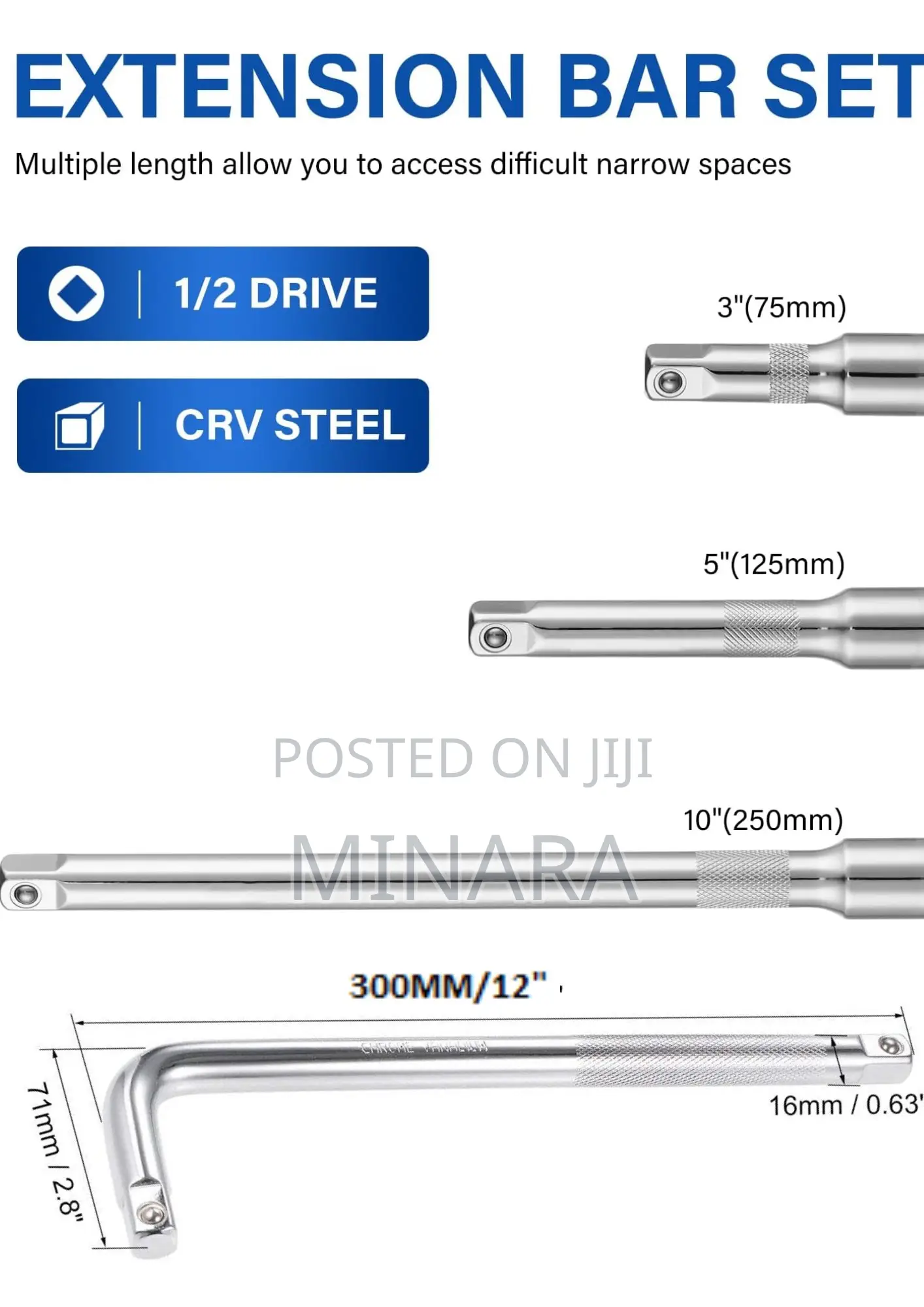 4 Pcs. Extension Bars for Sockets, 1/2'' Drive