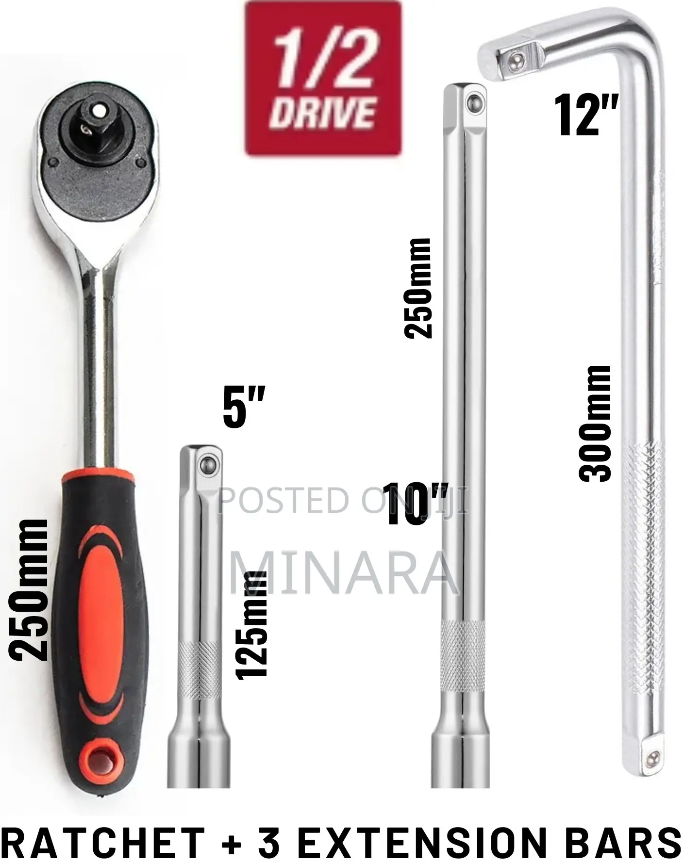 Ratchet Wrench + Extension Bars for Sockets