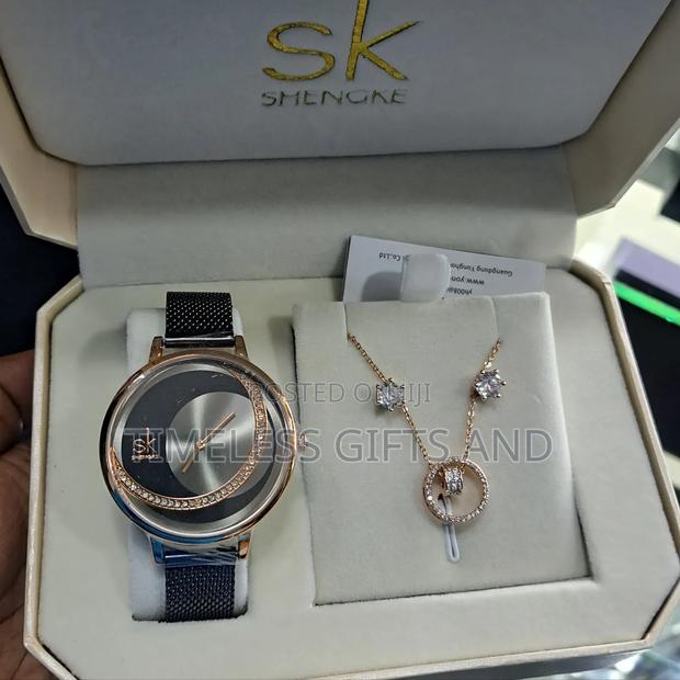 SK Ladies Black Watch Necklace Earrings Gift Set
