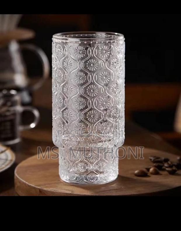 Embossed Vintage Ribbed Transparent Glass / Iced Coffe Glass - thumbnail 2