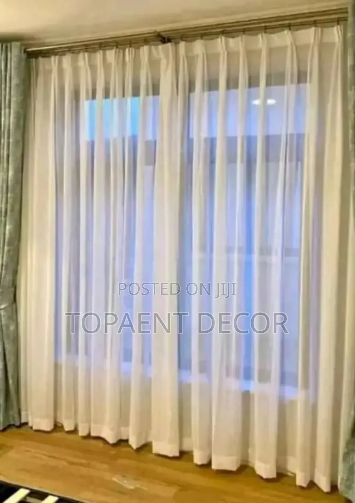 Greenish Window Curtains and White Sheers