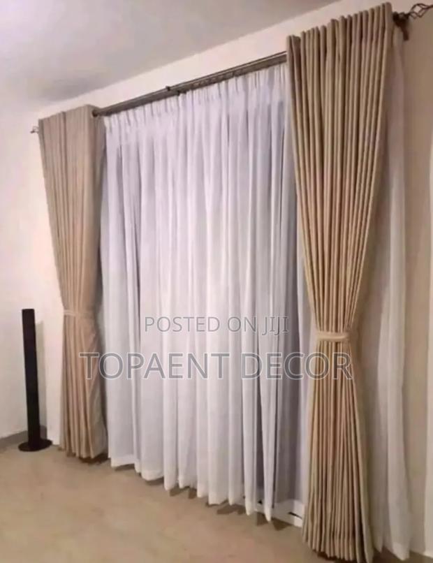 Beige Eyelates Window Curtains and White Sheers - main view