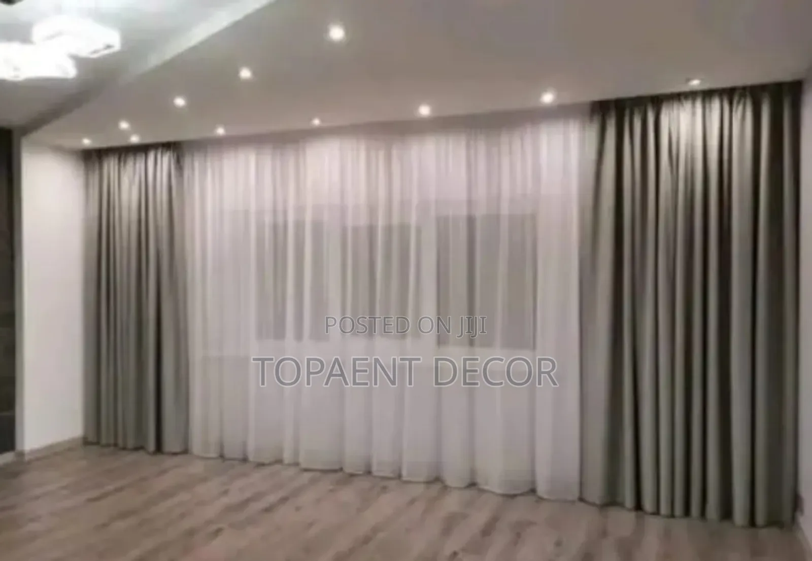 Wall to Wall Grey Window Curtains and White Sheers