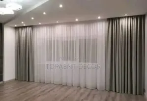 Wall to Wall Grey Window Curtains and White Sheers