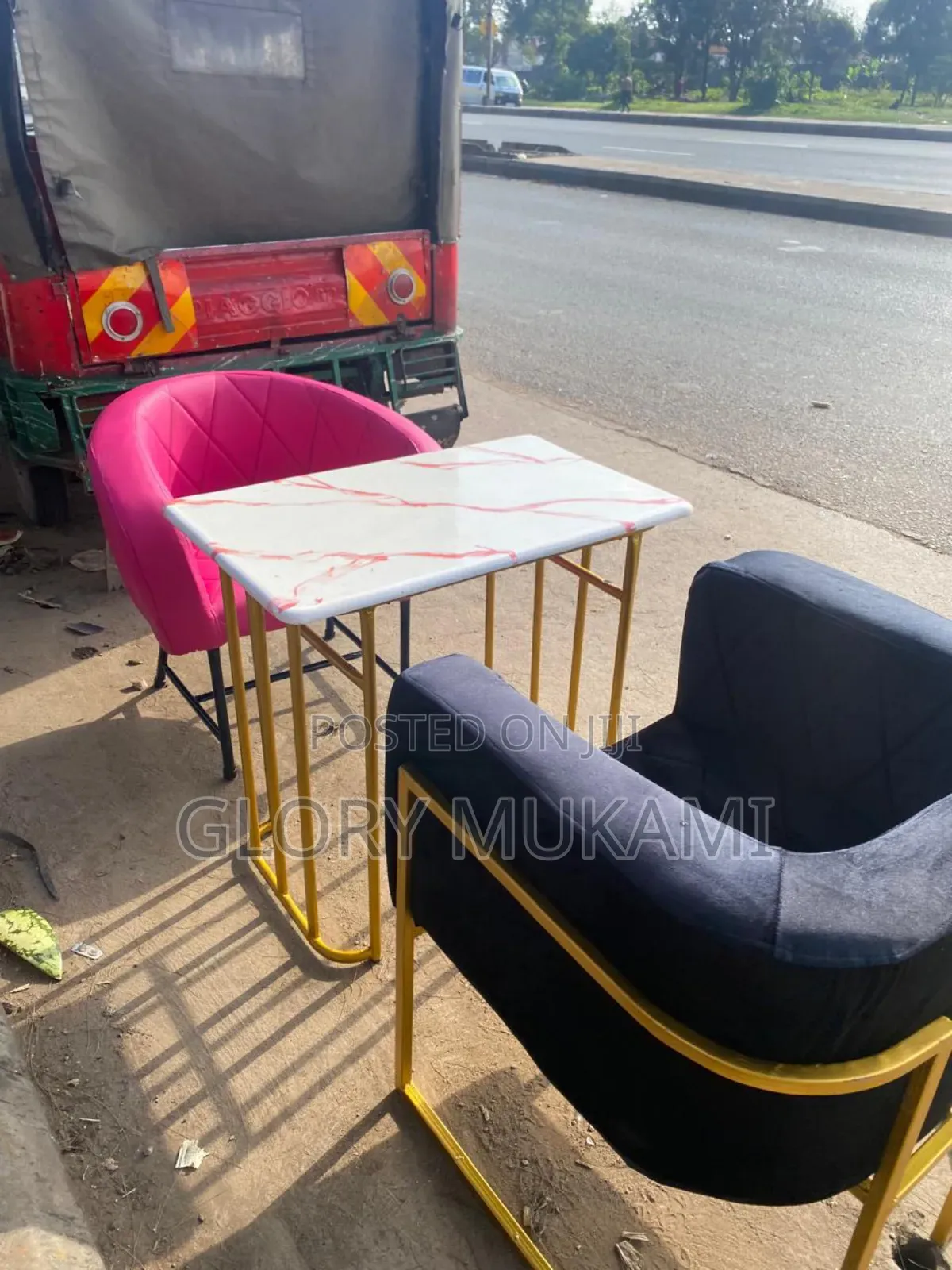 Manicure Chairs Set Pink Chair Black Chair and Table
