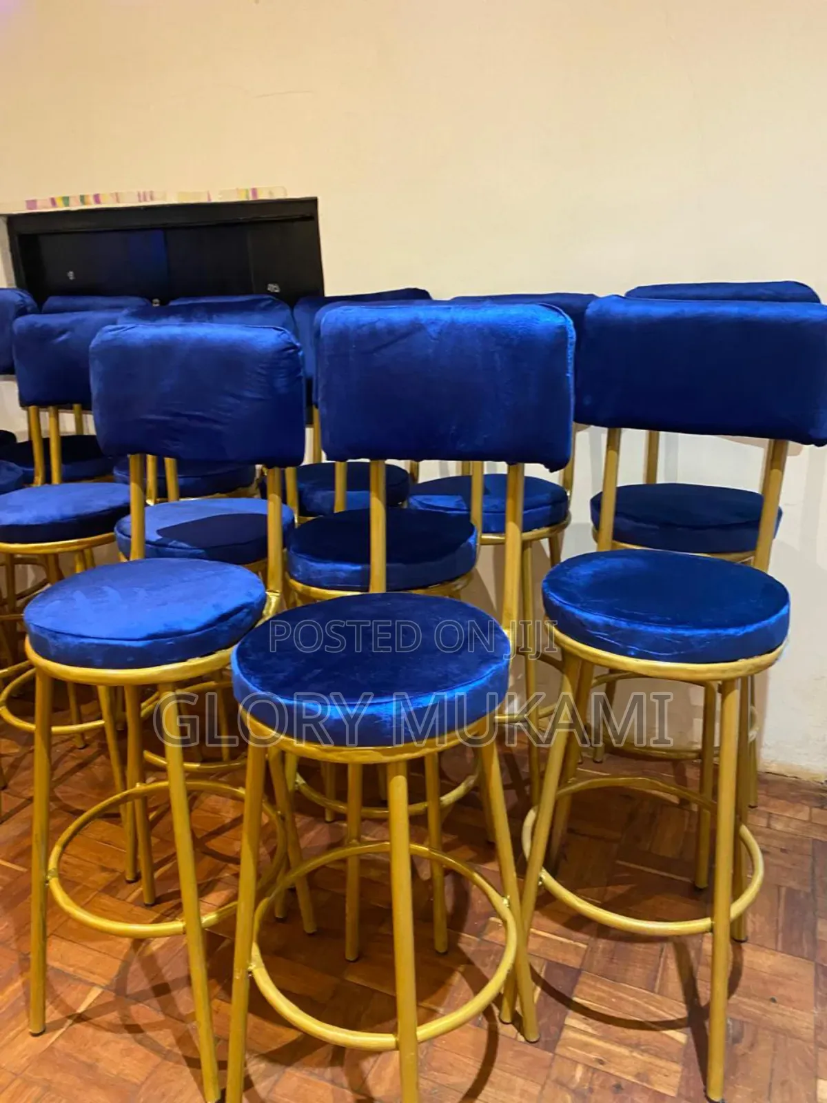 Restaurants and Bar High Stool Chairs Blue Coated Gold