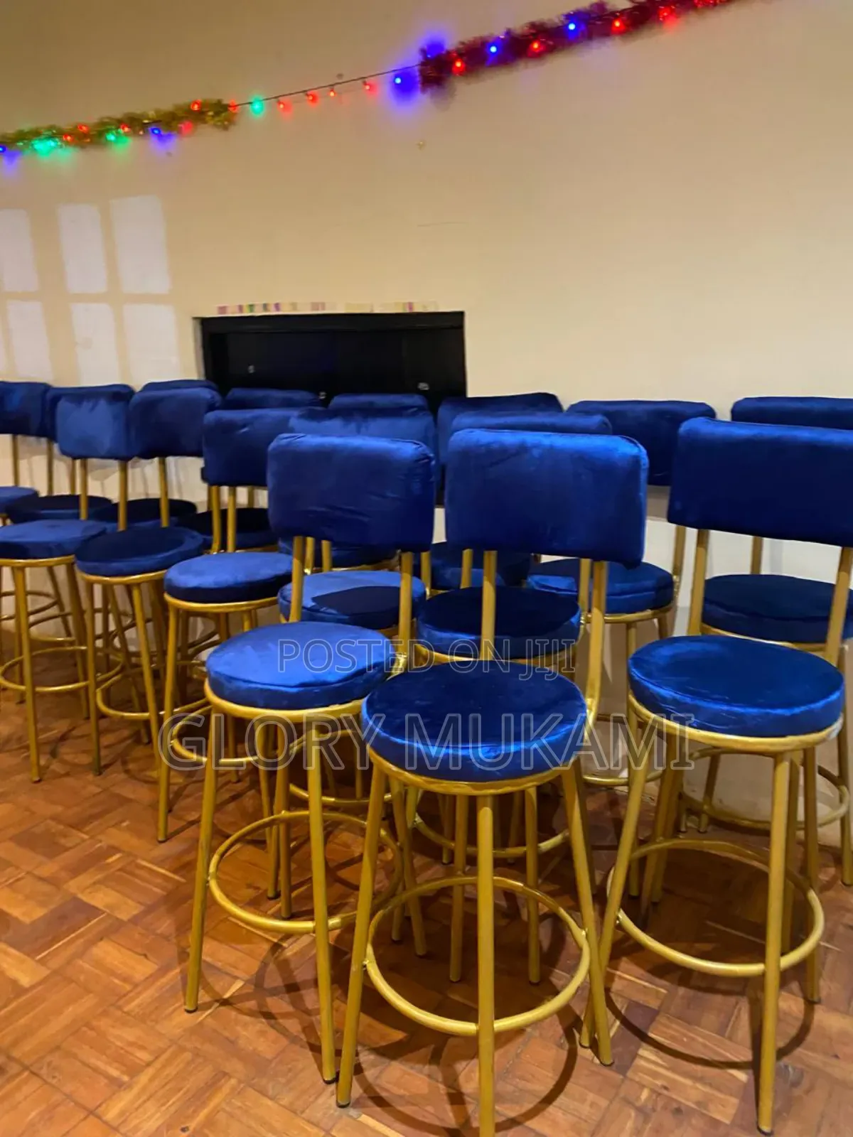 Restaurants and Bar High Stool Chairs Blue Coated Gold