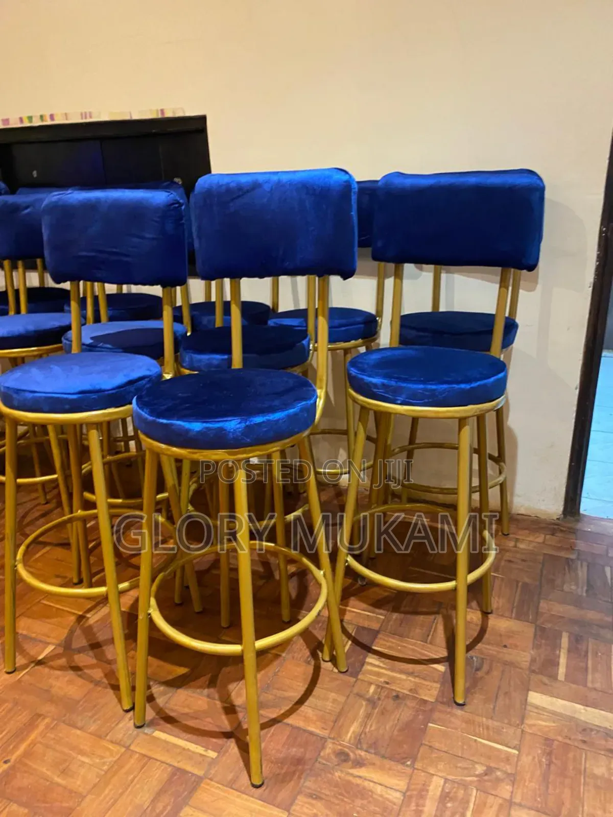 Restaurants and Bar High Stool Chairs Blue Coated Gold