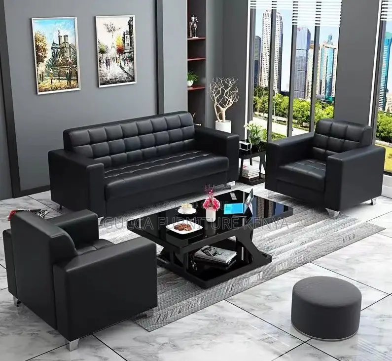 Sofas:5-Seater Black Leather Executive Office Sofa Set