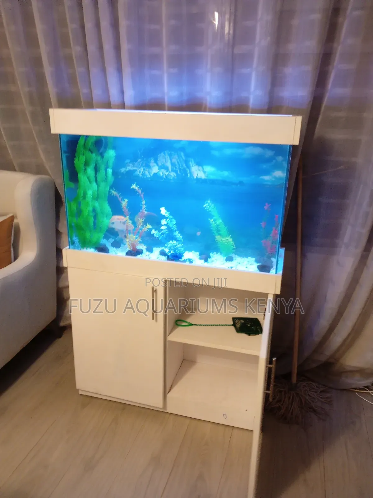 Brilliant White Aquarium With Cabinet and Fish